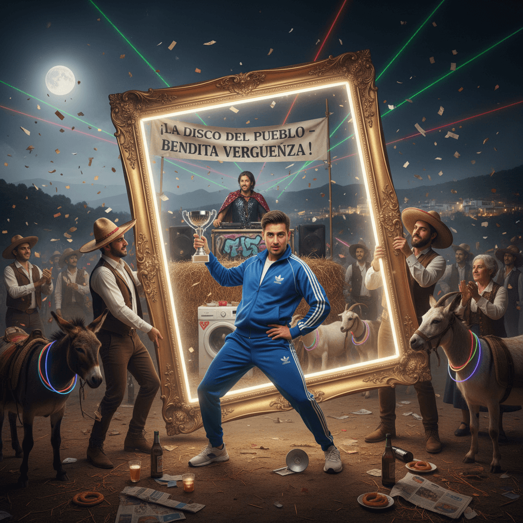 Adidas tracksuit vibes meet ornate frame energy at rural Spanish rave