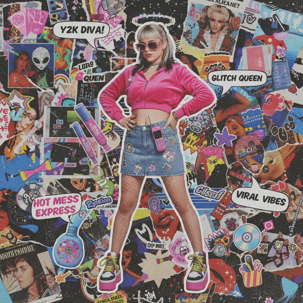 Peak chaotic collage energy meets questionable fashion choices