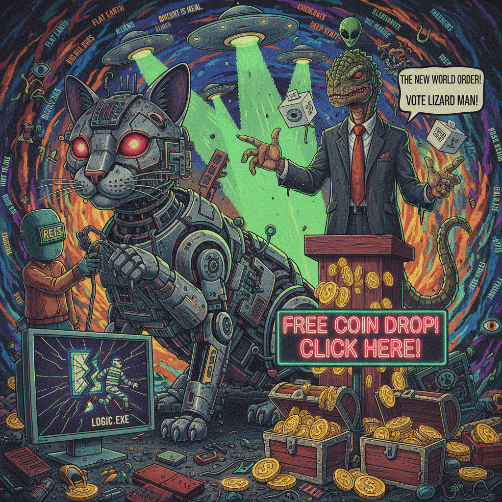 REIS built my cat. aliens voted lizard man into existence. free coins. logic.exe has left the chat