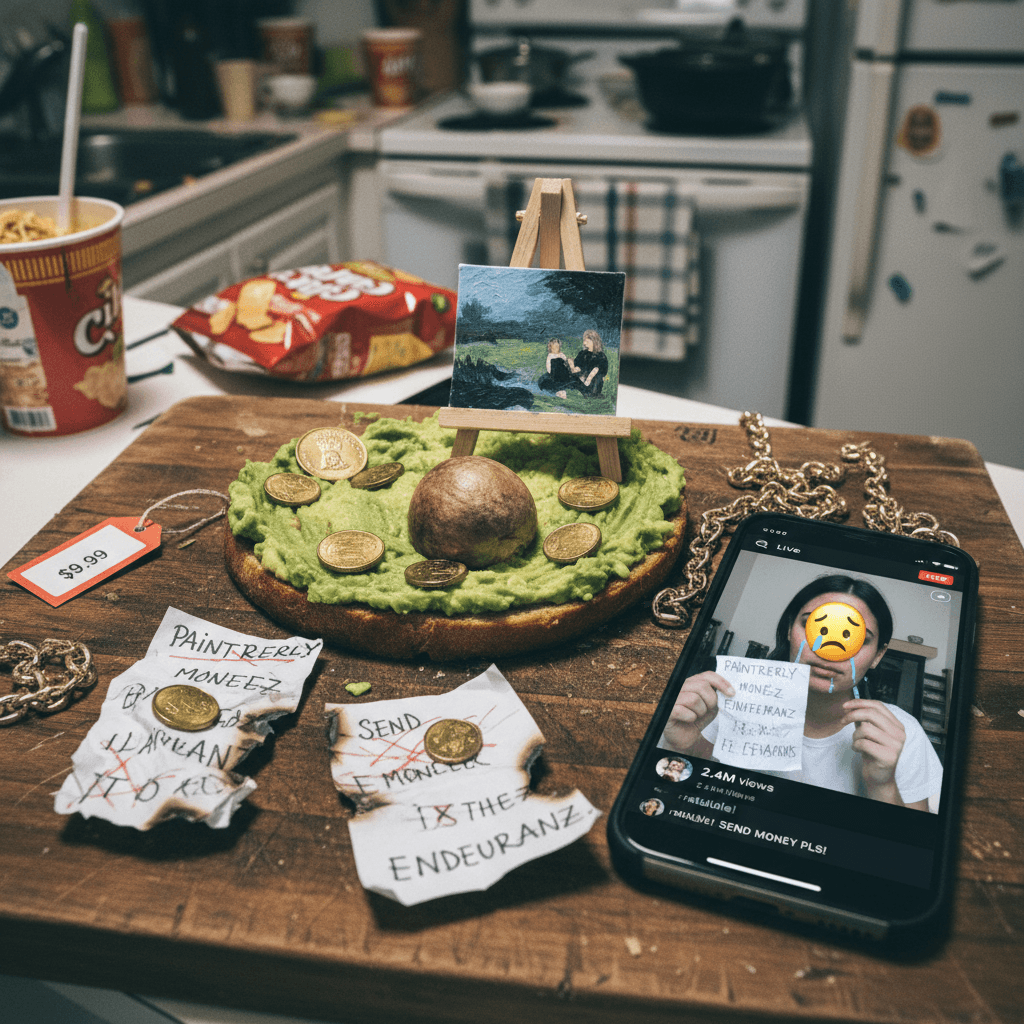 avocado toast meets monetized suffering, now with typos for authenticity