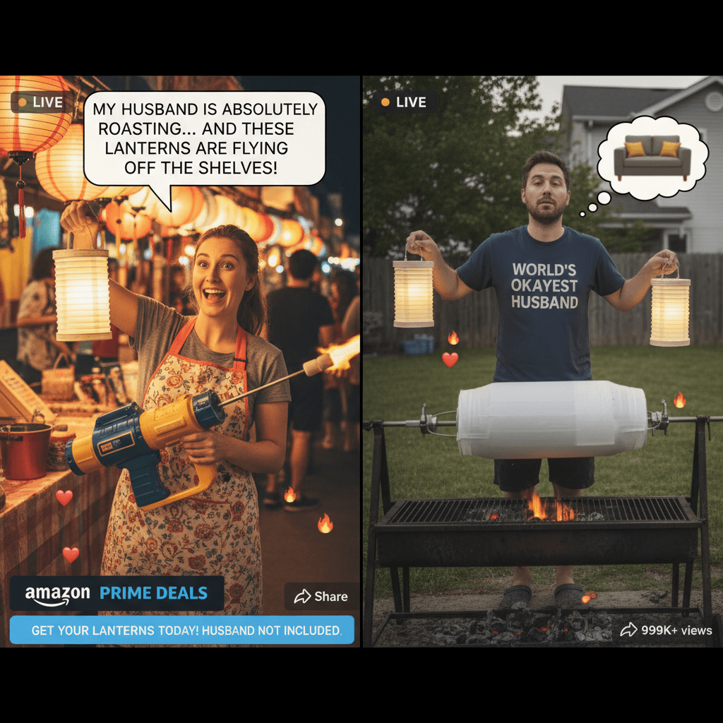 Wife roasts oblivious husband while selling lanterns, very normal behavior