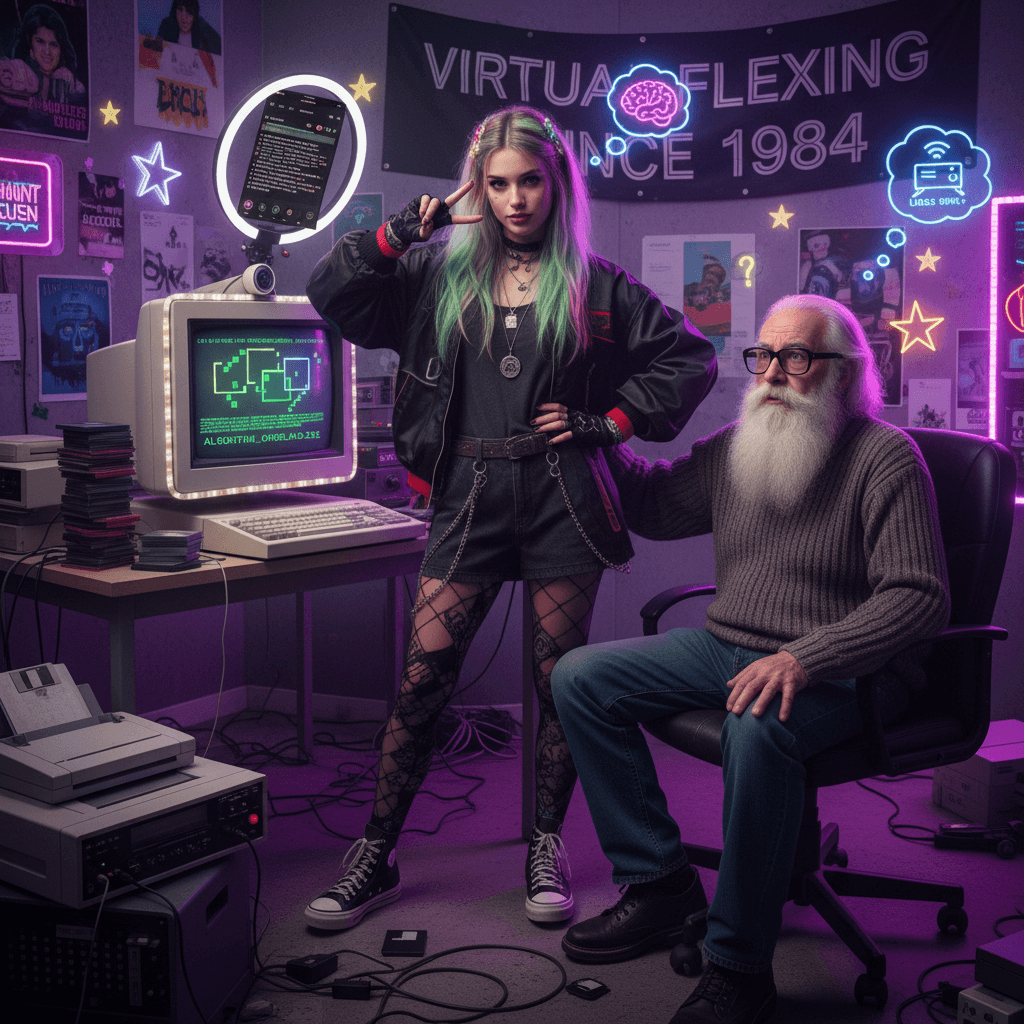 posing with grandpa's computer for the algorithm