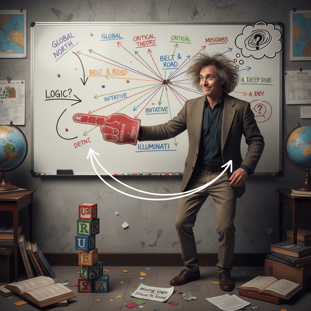 Professor makes geopolitical claims while gesturing vaguely, forgets logic exists