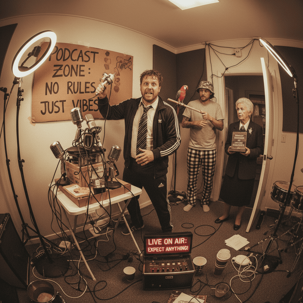 bloke speedruns podcast professionalism, guest arrives to find chaos