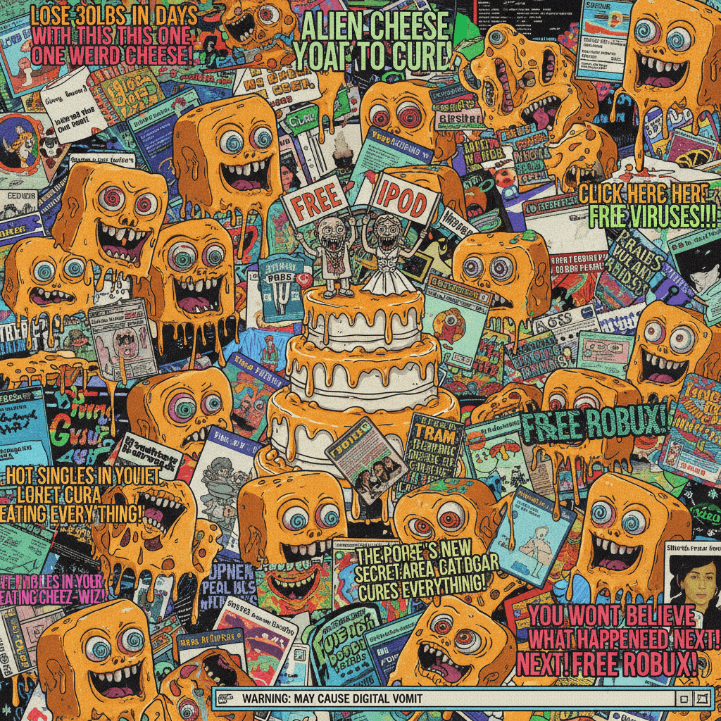 cheddar-induced psychosis meets early-2000s popup ads in unholy matrimony