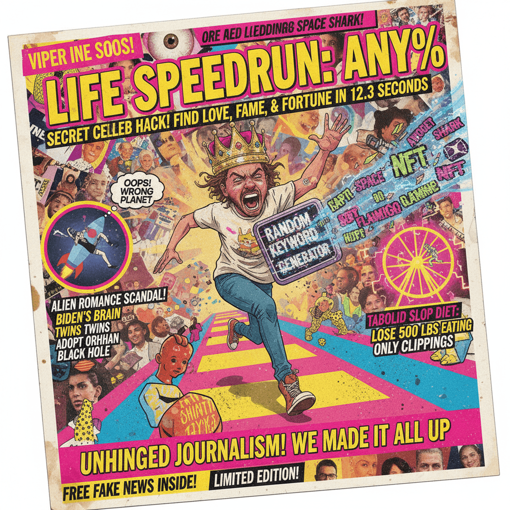 peak tabloid energy: life speedrun any% with random keyword generator