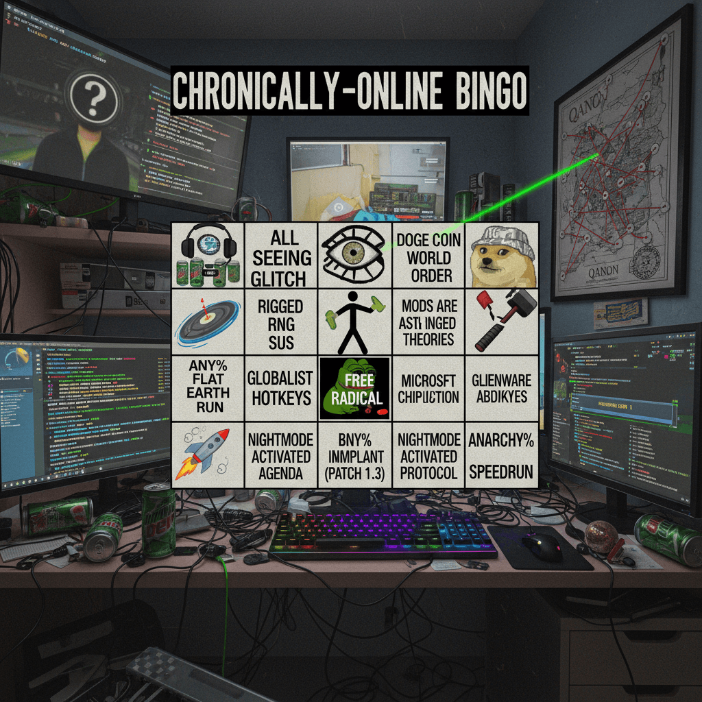 gaming lingo meets nwo conspiracy in the most unhinged bingo card ever