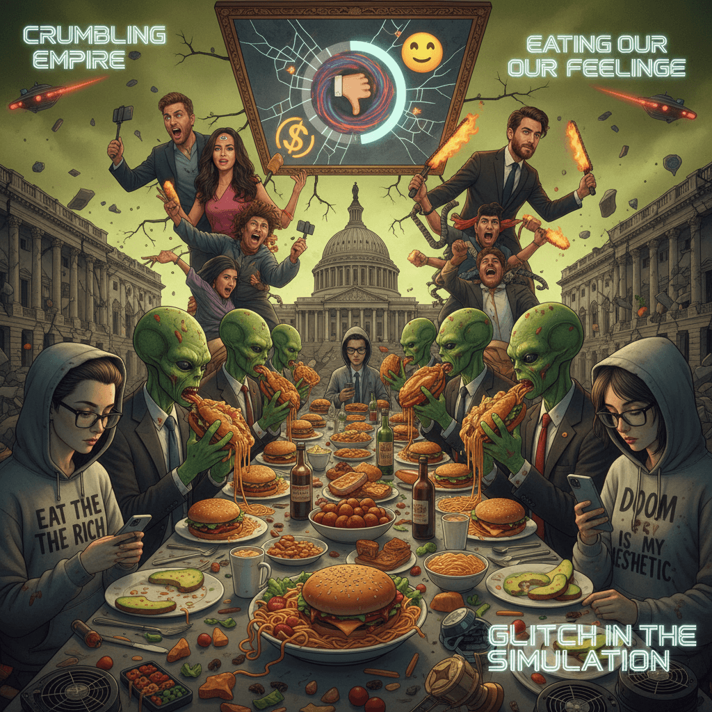 aliens, politicians eating, collapse, and somehow celebrities are involved