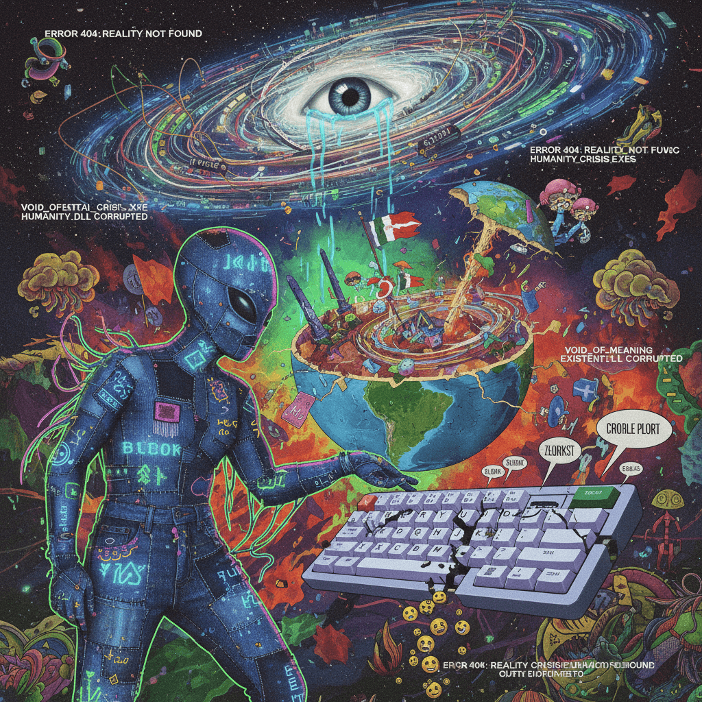 alien denim discourse collides with broken autocorrect and existential dread