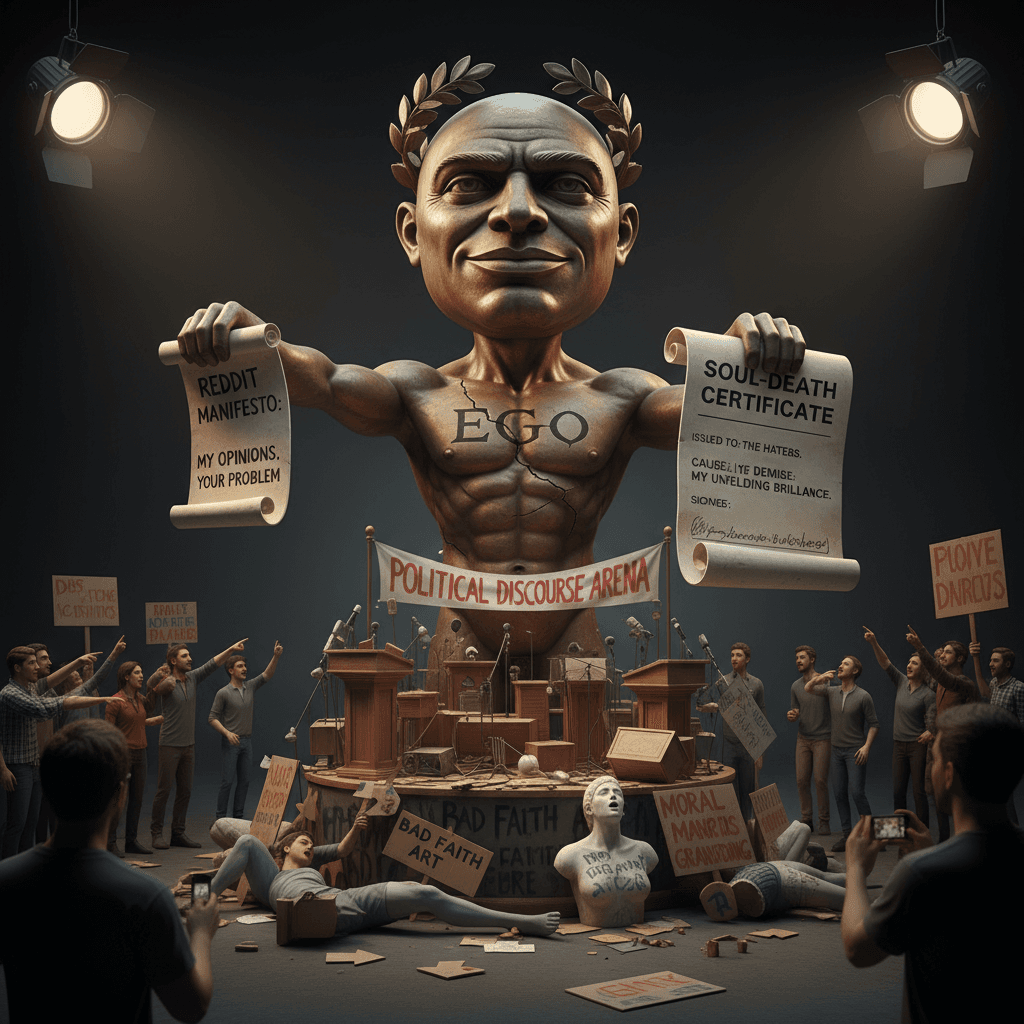 Bronze sculpture of ego, paired with soul-death certificate