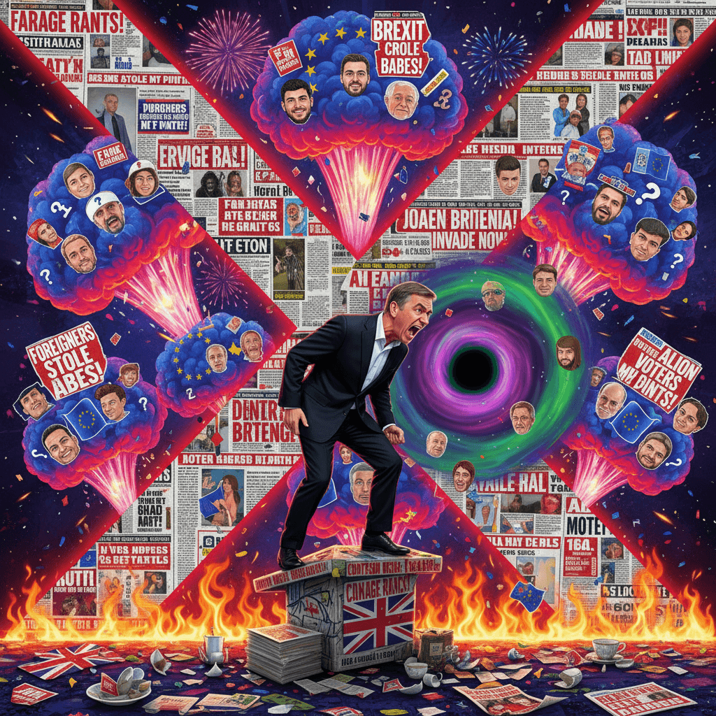 Farage screams into void about foreign voters, explosions in background