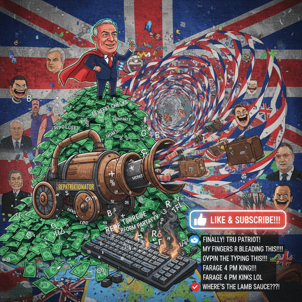 Farage sends immigrants home via benefit checks, typed with broken keyboard