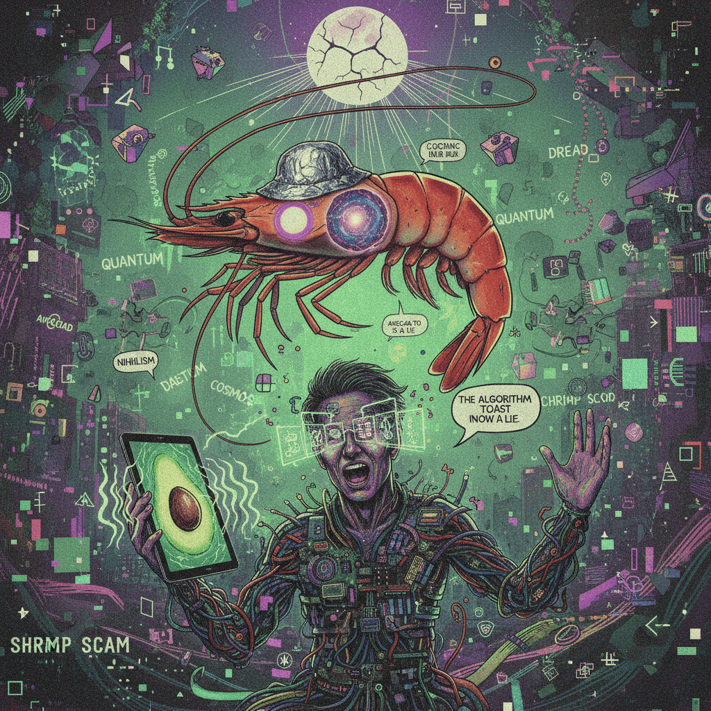 shrimp-brained cosmic word salad with existential dread and avocado energy