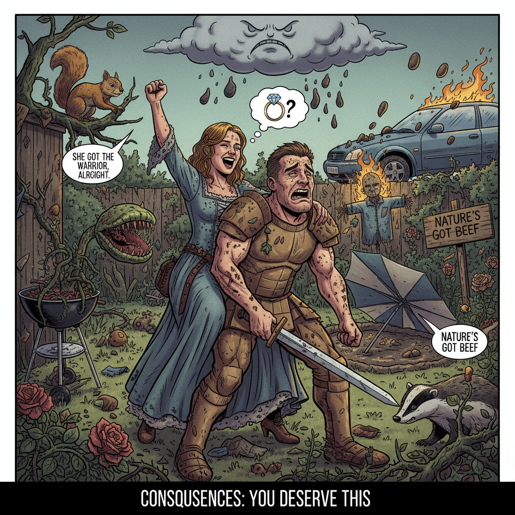 She got the warrior, nature got revenge—dark comedy strikes again