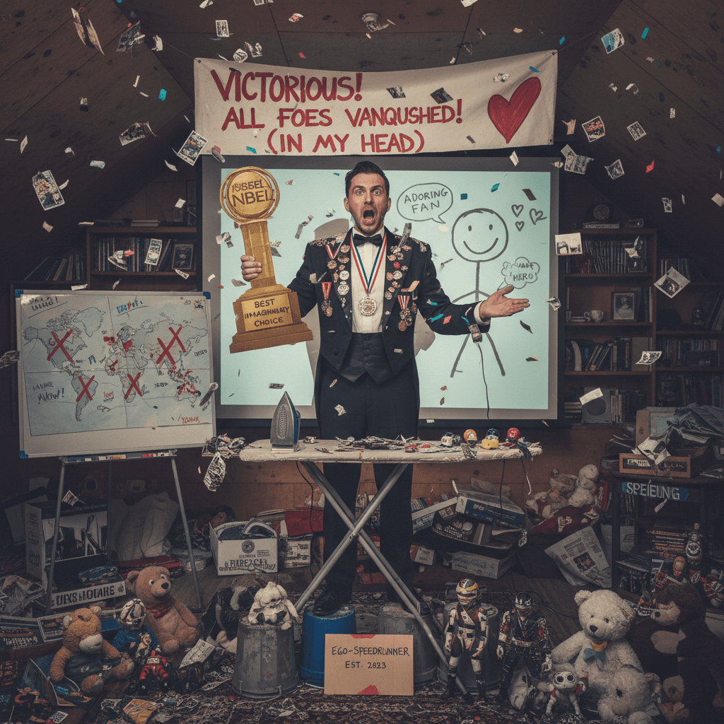 man accepts fictional nobel prize from imaginary admirer, declares war victory